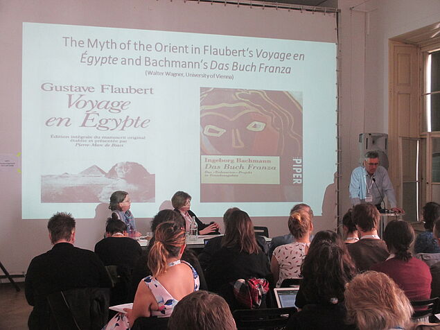 Section 2 "Intersectional Approaches to Imagology: The Multiple Entanglements of Ethnotypes", Panel 1 "Gender: A Useful Category of/for Imagology?": Walter Wagner (University of Vienna): "The Myth of the Orient in Flaubert's 'Voyage en Égypte' and Bachmann's 'Das Buch Franza'" (Photo credit: Sophie Seidler)